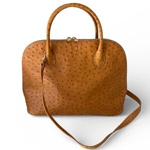 Made in Italy Vintage Leather Cognac Camel Ostrich Bolide Bag by Hides in Shape